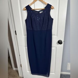 TWO piece set. R & M Richards dress/jacket, embellished, navy blue, 12P
